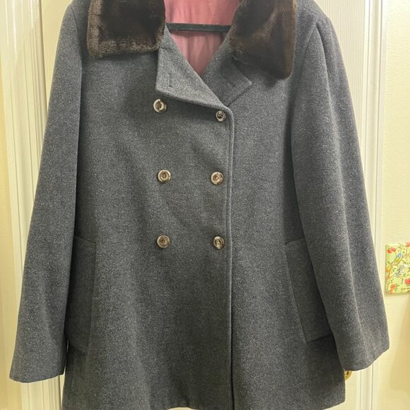 Vintage Benetton Wool Coat w/ Faux Fur Collar — Double Breasted Gray - Picture 2 of 16